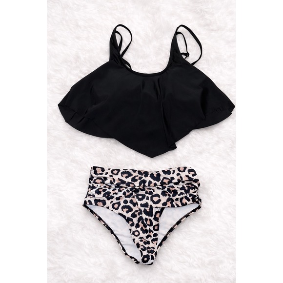 SHEIN Other - SHEIN Leopard High Waisted Bikini Set Small | Flounce Ruffle Swim Top Animal